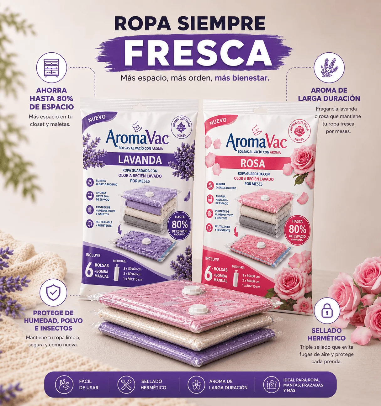 6-pack vacuum storage bags with fragrance + hand pump