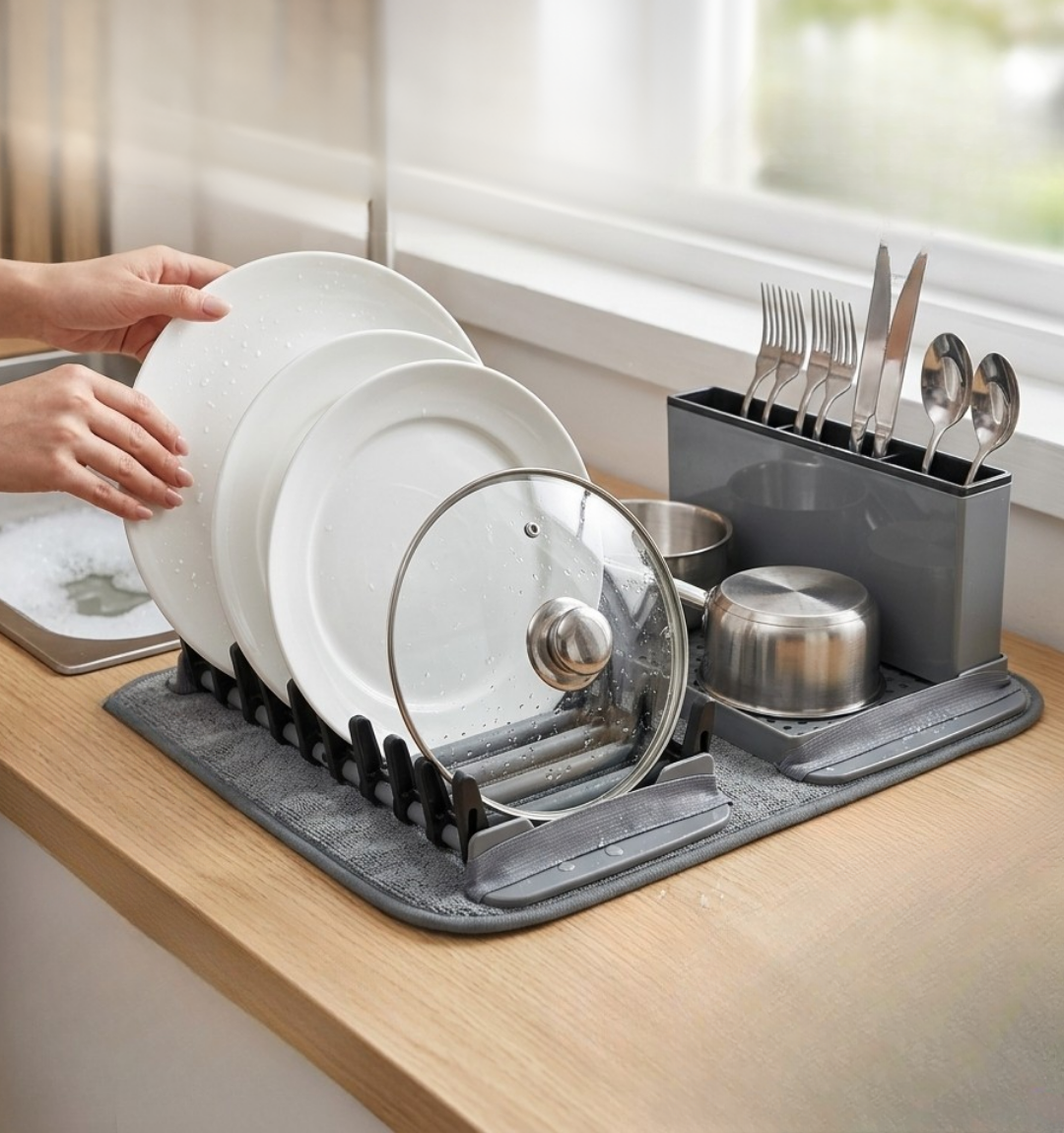 Folding dish drainer with drying mat