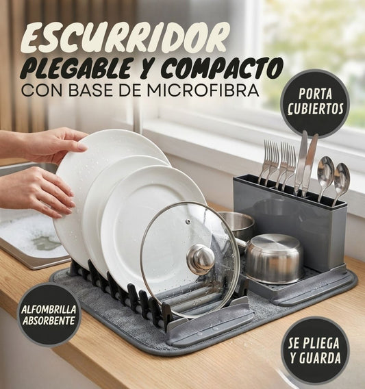 Folding dish drainer with drying mat